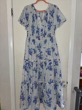 Sugarlips White Maxi Dress with Blue Floral Print